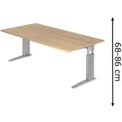 Hammerbacher Schreibtisch U-Serie, Verstellbar, 200 X 68-86 X 100cm, Eiche / Silber