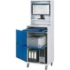 Rau Computerschrank Modell 65, Lichtgrau / Blau, Aus Metall, Für Industrie, Abschließbar, Fahrbar